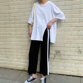 3/4-sleeve Slit T-shirt / Contrast Trim Wide-leg Cropped Pants