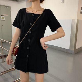 Short-sleeve Plain Square-neck Dress Black - One Size