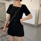 Short-sleeve Plain Square-neck Dress Black - One Size