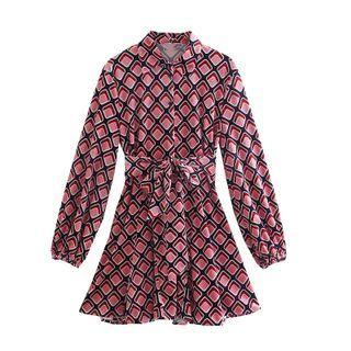 Retro Print Tie-waist Mini A-line Shirtdress