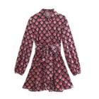 Retro Print Tie-waist Mini A-line Shirtdress