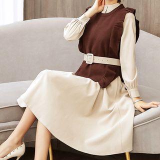 Set: Frill-trim Vest + Long-sleeve A-line Dress