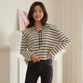 Sailor-collar Tie-neck Stripe T-shirt