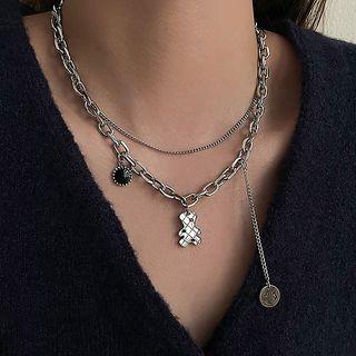 Bear Pendant Layered Necklace Type B - Bear - Silver - One Size