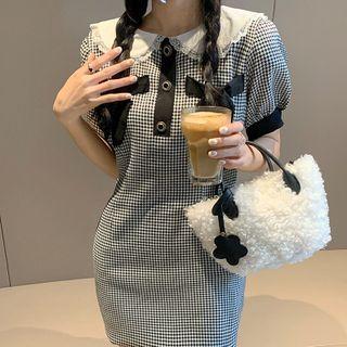 Puff-sleeve Lace Collar Houndstooth Mini Sheath Dress Dress - Houndstooth - Black & White - One Size