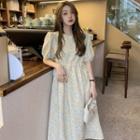 Puff-sleeve Floral Print Midi A-line Dress Pink & Light Blue & Light Yellow - One Size