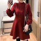 Puff-sleeve Mock-neck Ruffle Trim Knit A-line Dress