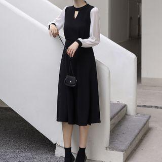 Balloon-sleeve Keyhole Midi A-line Dress