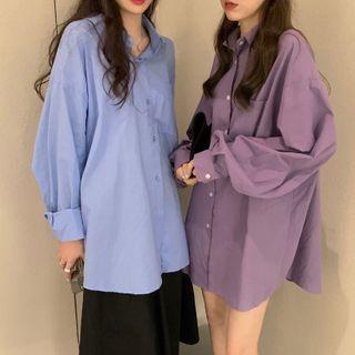 Plain Lantern-sleeve Loose-fit Shirt