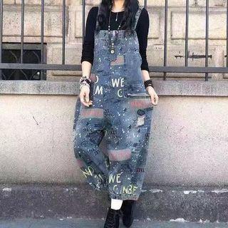 Lettering Print Denim Cropped Jumper Pants