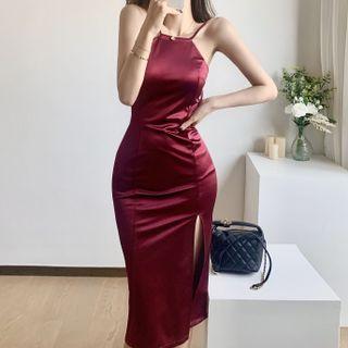 Spaghetti-strap Slit Midi Bodycon Dress