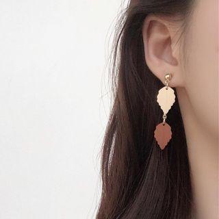Leaf Alloy Dangle Earring 1 Pair - S925 Silver Needle - Almond & Brown - One Size