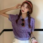 Short-sleeve Leopard Print Crop Knit Top