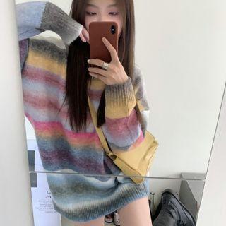 Crew-neck Rainbow Striped Oversized Sweater Rainbow - One Size