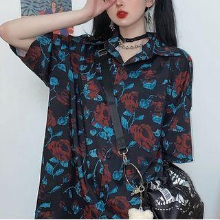 Short-sleeve Floral Print Shirt Red Flower - Black - One Size