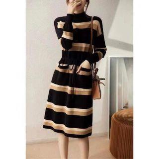Mock-neck Color Block Striped Knit Midi A-line Dress