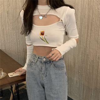 Set: Long-sleeve Cropped Top + Flower Print Cropped Camisole Top Set - One Size