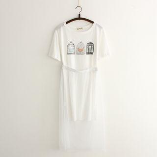 Short-sleeve Sheer Panel Midi T-shirt Dress
