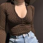 Half Zip-up Plaid Long-sleeve Crop Top