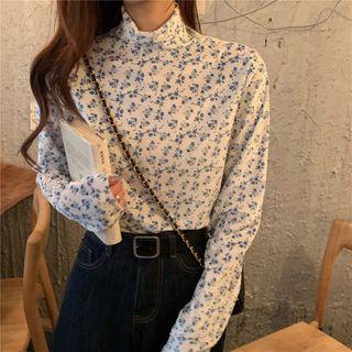 Floral Print Mock-turtleneck Long-sleeve Velvet Top