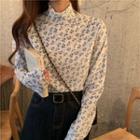 Floral Print Mock-turtleneck Long-sleeve Velvet Top