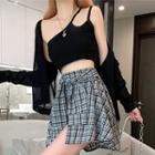 One-shoulder Cutout Camisole Top / Long-sleeve Cardigan / Plaid Mini A-line Skirt