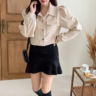 Puff-sleeve Corduroy Cropped Shirt