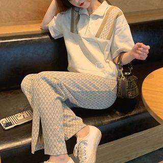 Set: Elbow-sleeve Polo Shirt + Straight Leg Pants