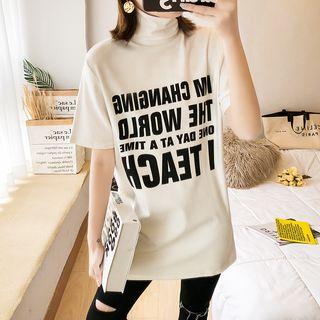 Mock Turtleneck Short-sleeve Lettering T-shirt