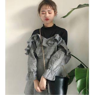 Mock Two-piece Frill Trim Long-sleeve Top