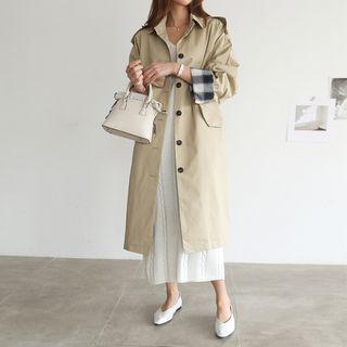 Single-breasted Check-trim Trench Coat With Sash