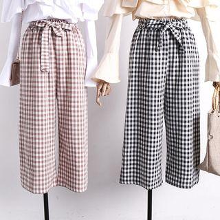 Tie-waist Plaid Wide-leg Pants