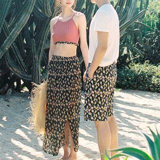 Couple Matching Floral Print Swimshorts / Midi Skirt / Bikini Top / Set