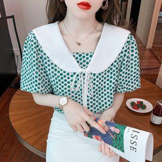 Short-sleeve Sailor Collar Dotted Chiffon Blouse