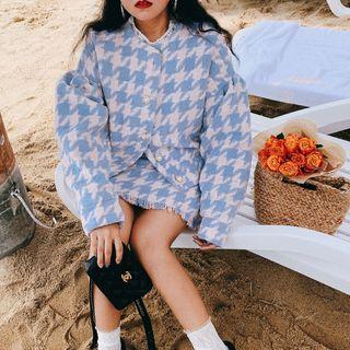 Set: Drop Shoulder Houndstooth Jacket + Fringed Mini A-line Skirt