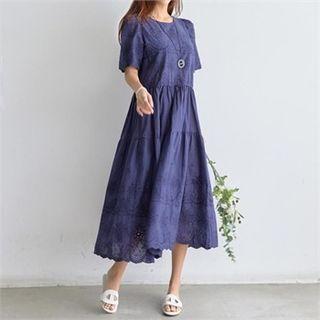 Round-neck Punch-detail Long Dress
