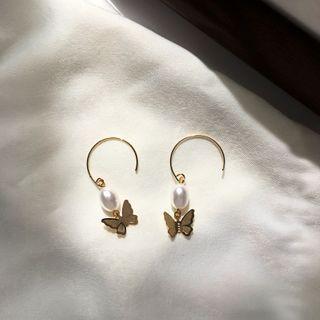 Faux Pearl Butterfly Drop Earring 1 Pair - S925 Silver - As Shown In Figure - One Size