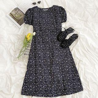 Puff-sleeve Floral Printed Chiffon Dress Floral - One Size