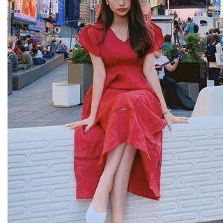 Puff-sleeve Midi A-line Dress Red - One Size