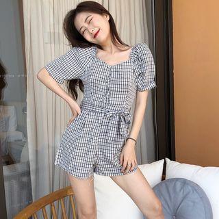 Square-neck Checked Playsuit With Sash