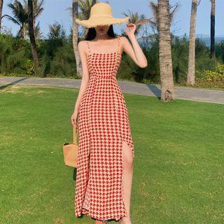 Spaghetti-strap Houndstooth Slit Midi A-line Dress