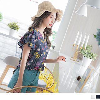 Flutter Sleeve Floral Print Striped Top