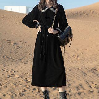 Long-sleeve Lace-trim Velvet Midi Dress