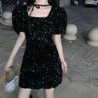 Puff-sleeve Tie-neck Sequined Slim Fit Dress