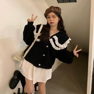 Layered Collar Lace Trim Button Jacket