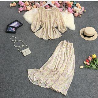 Set: Balloon-sleeve Floral Print Blouse + Midi A-line Skirt