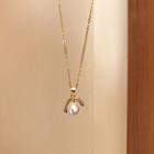 925 Sterling Silver Faux Pearl Pendant Necklace L206 - Necklace - Gold - One Size
