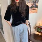 Elbow-sleeve Velvet T-shirt Black - One Size