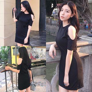 Cutout Shoulder Short-sleeve Shift Dress