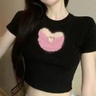 Short-sleeve Heart Cutout Lace Trim Crop T-shirt Black - One Size